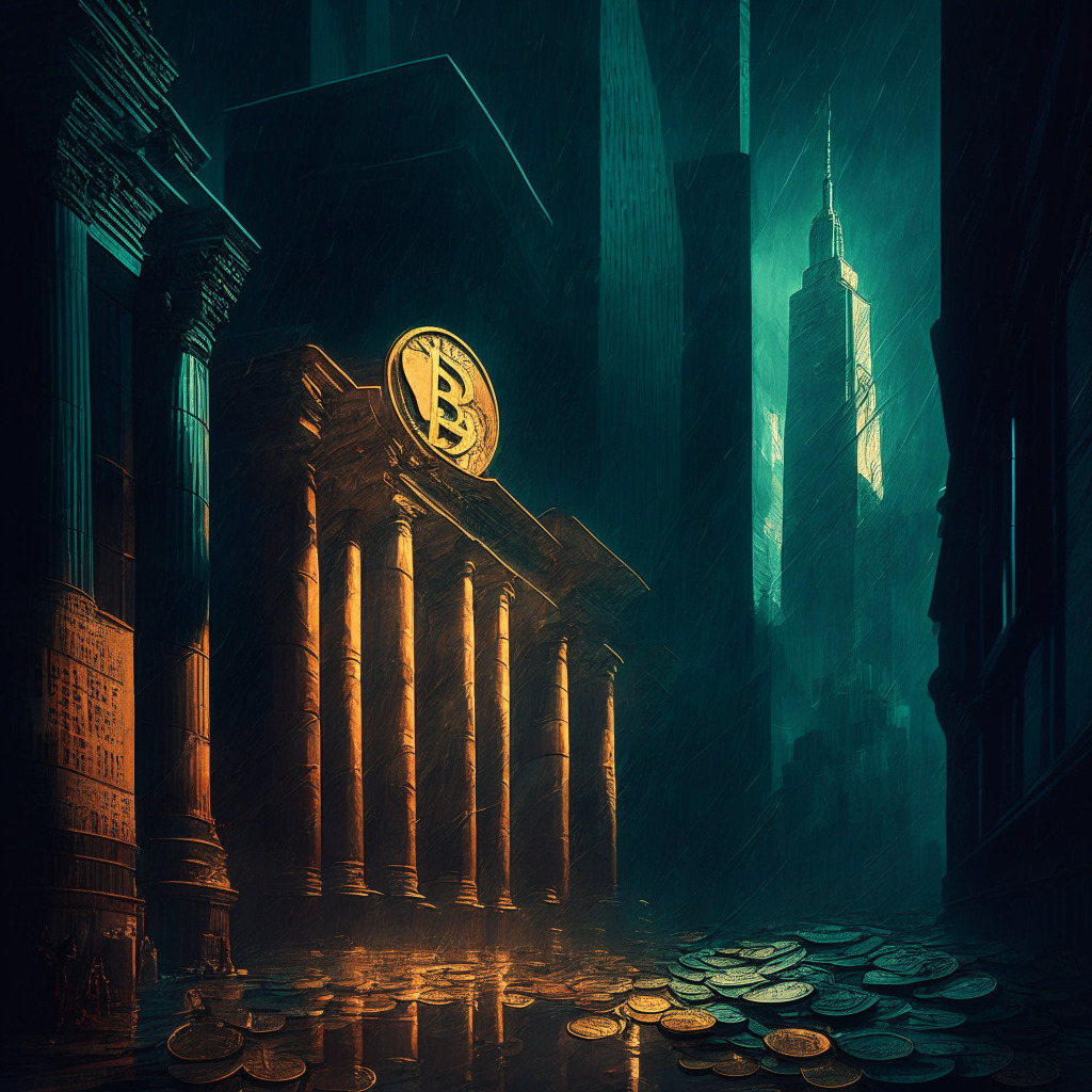Gloomy financial district, towering banks shrouded in shadow, colorful crypto coins emerging from the darkness, an intensifying spotlight on traditional finance giants, vibrant central bank digital currencies contrasting with fading paper money, tense mood, baroque art style, chiaroscuro lighting.