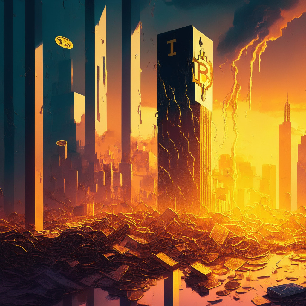 Cryptocurrency crisis scene, sunset colors, light reflecting on tower computers surrounded by shadowy banks, chaotic yet resilient mood, contrasting old and new economies, financial storm looming, broken bank signs, gold gleaming, oil seeping. Bitcoin and gold thriving amidst turmoil.