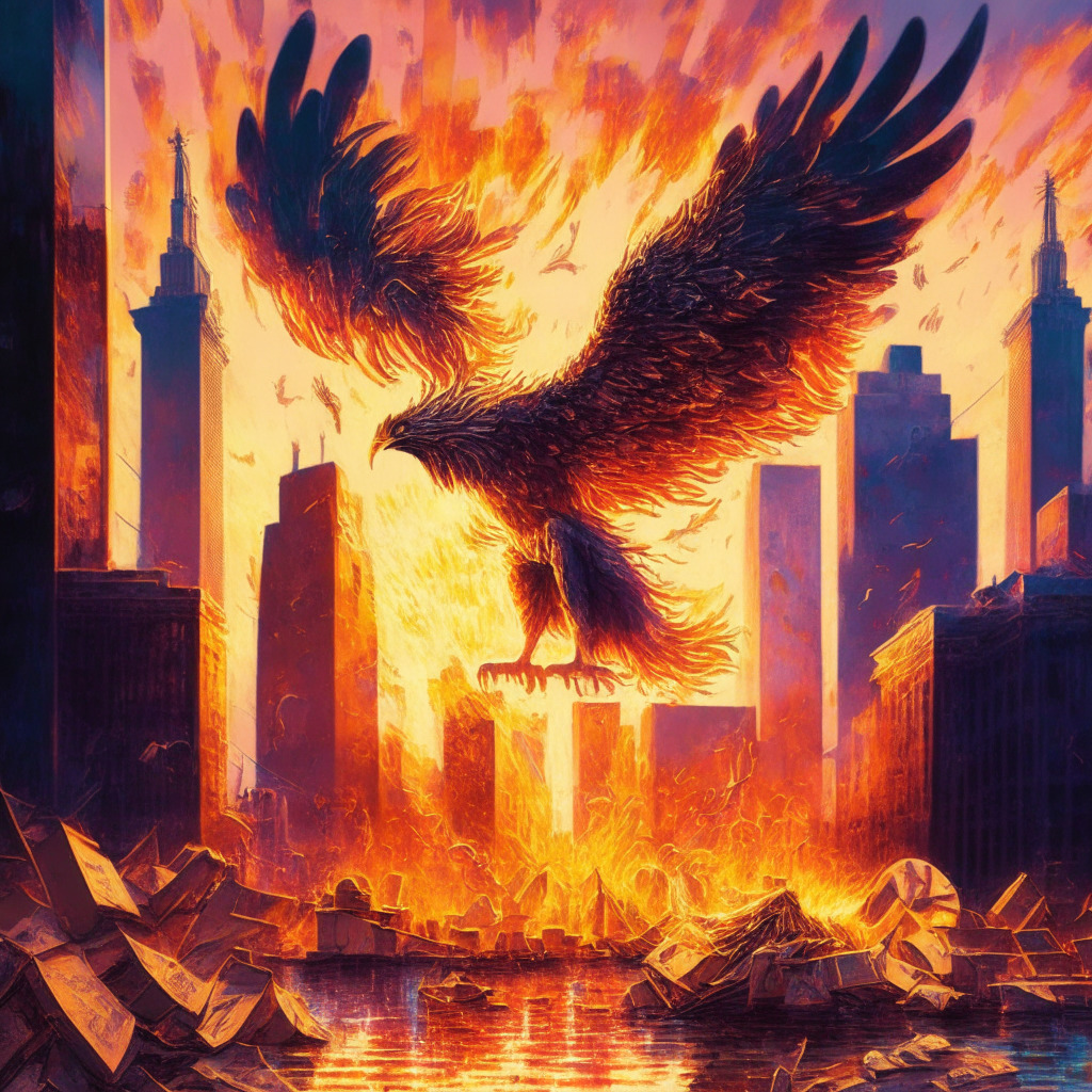 Majestic crypto phoenix rising from collapsing banks, warm sunset glow over a chaotic financial district, Monet-inspired modern impressionism, blend of hope and uncertainty, visual juxtaposition of traditional banks and thriving cryptocurrency, accelerated mood of change in an unpredictable market.