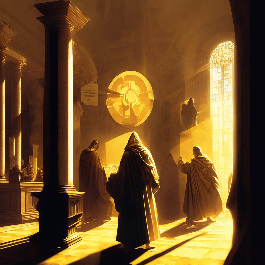 Bankrupt crypto lender scene, intricate Renaissance painting style, warm golden light flooding through a grandiose bank, contrasting shadows of uncertainty, mood of cautious optimism. Featuring stETH being withdrawn by a cloak-clad figure, Lido Finance flier, amalgam of traditional banking & futuristic technology.