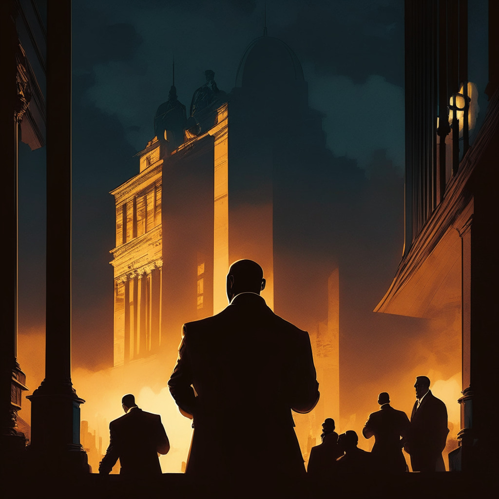 Revived crypto lender at dusk, Wall Street titans locked in bidding war, tensed atmosphere, dramatic chiaroscuro lighting, strong contrast, renewed potential, crypto mining operations forefront, silhouettes of investors strategizing, hints of renaissance-style in portraying financial comeback, a modern pawn in a classic power play.