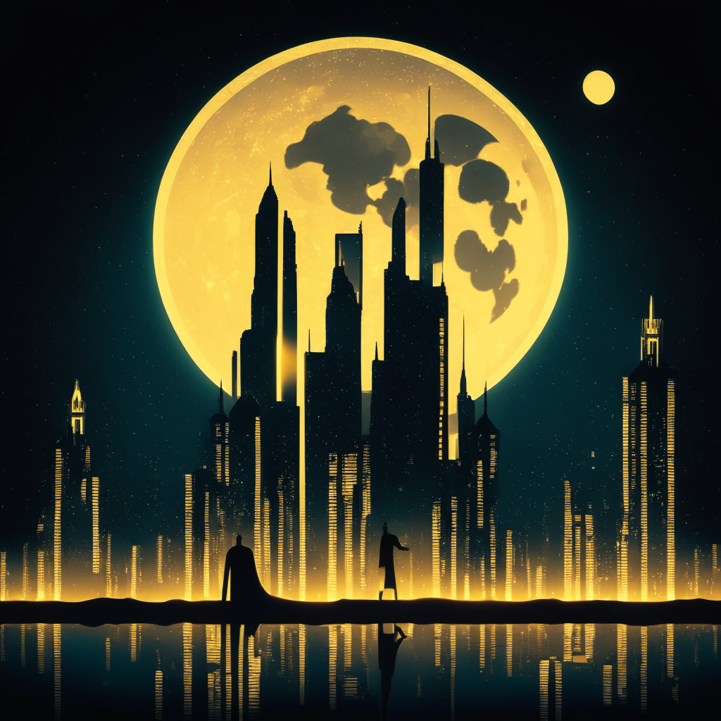 Bankruptcy-recovering crypto lender stakes ETH, nighttime city skyline, silhouettes of finance professionals, golden Art Deco aesthetic, soft moonlight, mysterious atmosphere, digital currency symbols floating.