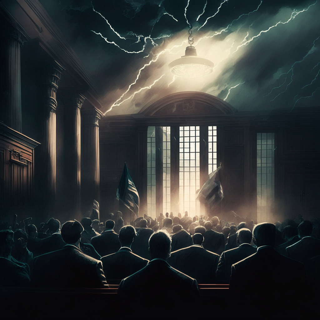 Bankruptcy aftermath, $1.33B crypto liquidation, dark clouds dissipating, cryptocurrency customers seeking relief, uncertain future, classic courtroom, subdued lighting, contrasting shadows, air of anticipation, hope emerging amidst skepticism, complex financial case, a pivotal moment in crypto history.