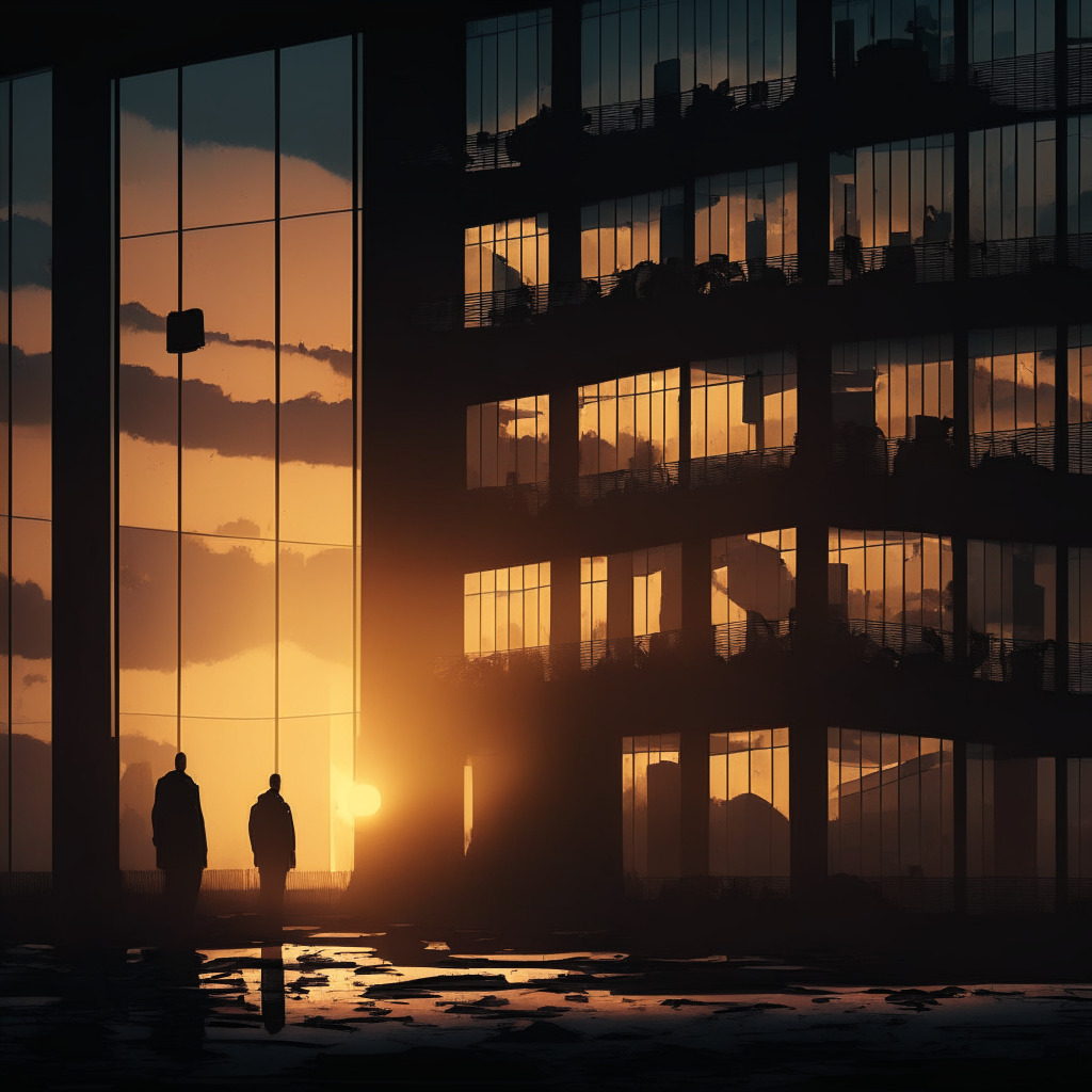 Bankrupt crypto lender's self-liquidation, sunset over a desolate office building, contrast of darkness and light, melancholic atmosphere, customers receiving partial funds, shadowy figures withdrawing digital assets, potential buyer silhouettes fading into the background, hints of distant hope.