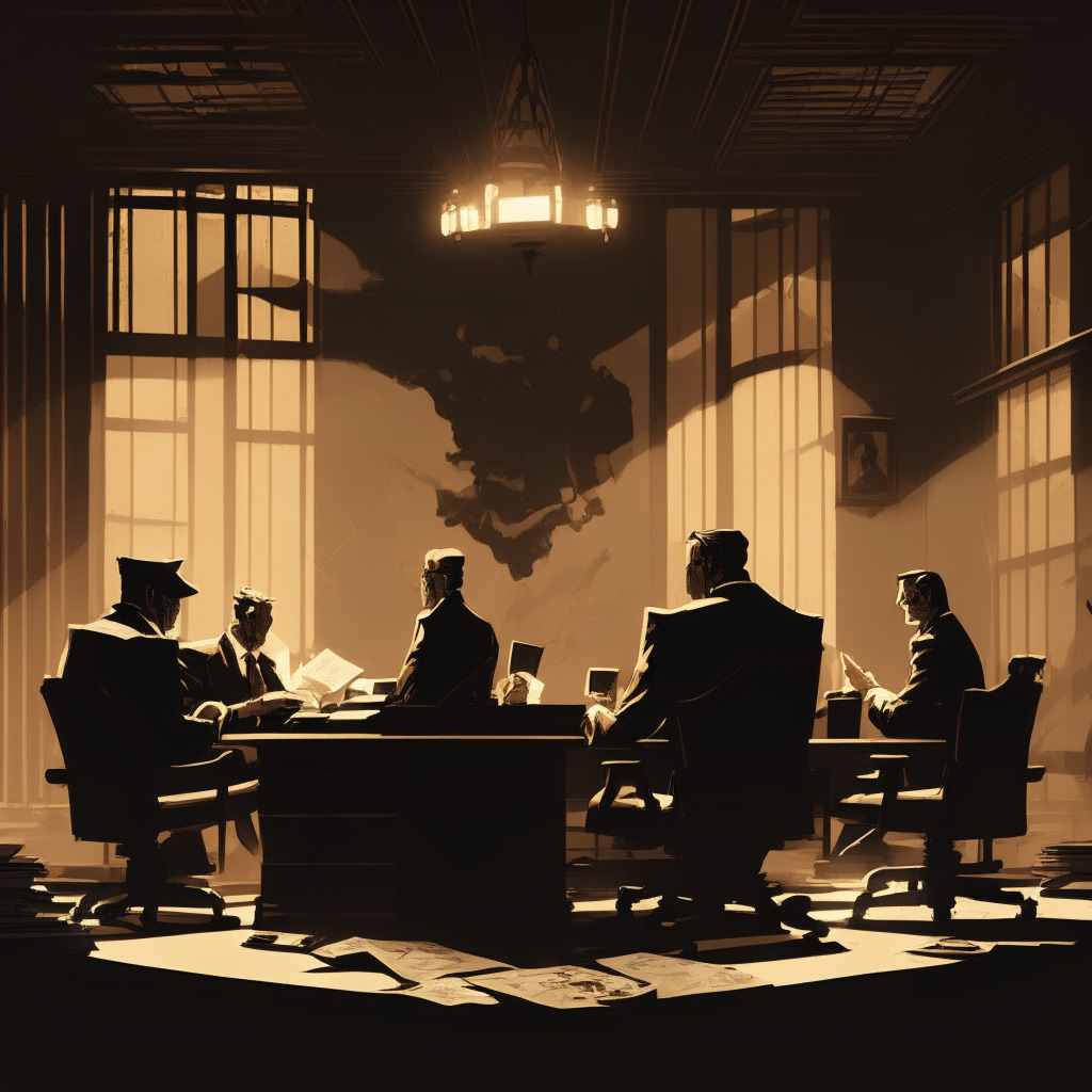 Intricate boardroom scene, dimly lit, intense legal discussion, baroque-inspired style, contrasting shadows and light, tense atmosphere, prominent paperwork piles, two business representatives with determined expressions, an arbitrator mediating, imagery of mining rigs and cryptocurrency symbols subtly woven into background, muted yet rich color palette, sense of urgency and conflict.