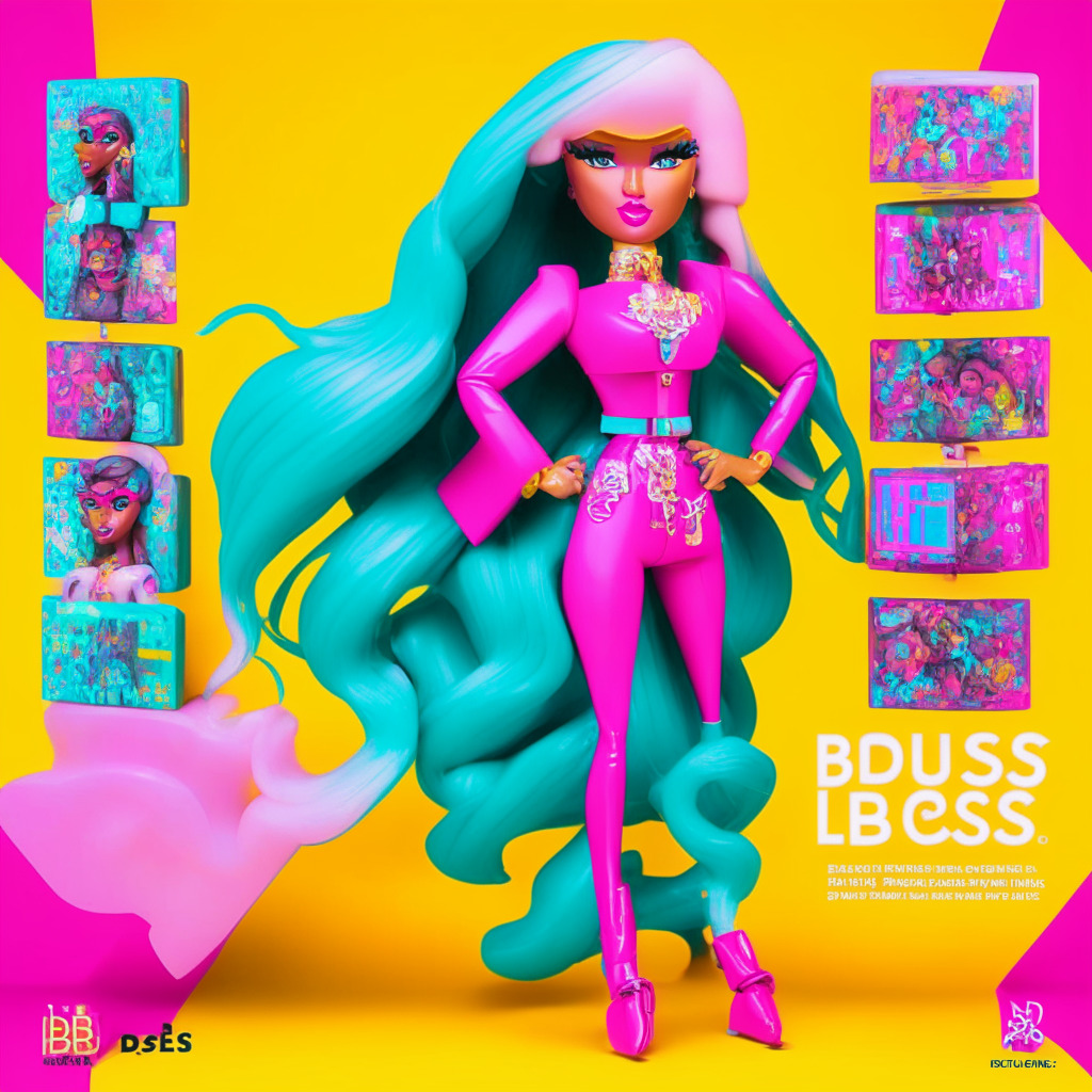 Iconic toy figure in blockchain world, women-led Web3 Boss Beauties collab, digital Boss Beauties x Barbie collection, varying rarity, virtual & real-world benefits, vibrant colors, nostalgic yet futuristic style, glowing soft light, empowering & innovative mood, virtual collectibles merge with traditional toys, celebrating diverse careers.