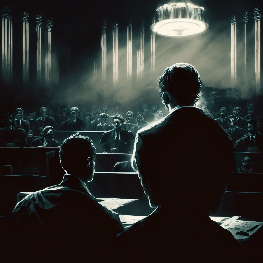 Dramatic courtroom scene, Satoshi Nakamoto as focal point, intense legal battle, darkness looming over open-source development, cryptocurrency ecosystem at risk, somber mood, chiaroscuro lighting, subtle nods to technology and free speech, air of uncertainty, blockchain visualization in background.