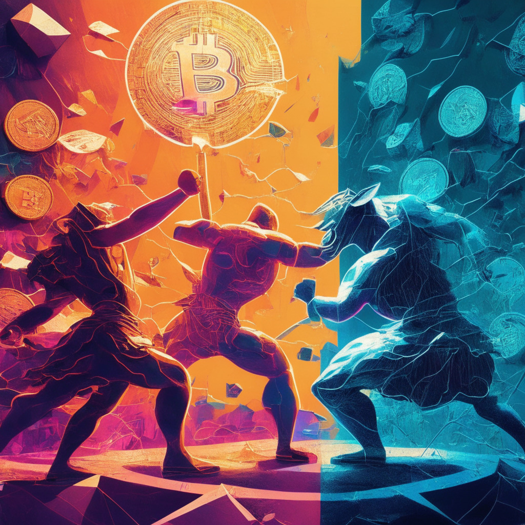 Cryptocurrency battle, Bitcoin vs. $27k, market struggle, ray of hope, economy, AI-empowered meme platform, NFT rewards, eco-conscious projects, bullish outlooks, AI-driven price predictions, Polygon blockchain, evolving tech, diverse investment opportunities, delicate balance of light and shadow, rich color palette, fusion of artistic styles, a blend of serene and tense mood.
