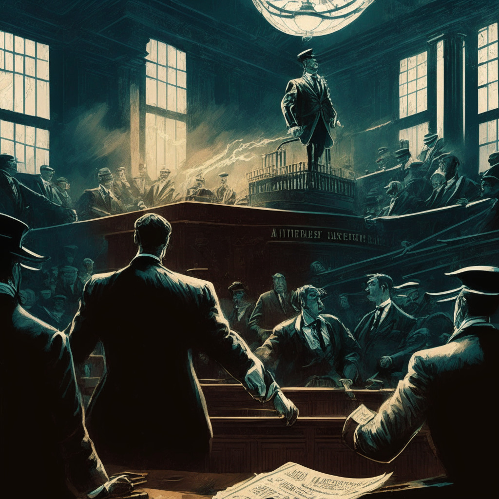 Titanic battle, SEC vs Coinbase, stormy courtroom, vintage art style, dramatic chiaroscuro lighting, confrontational mood, digital assets & regulations in a balance scale, evolving landscape, hints of technological innovation, ambiguous regulatory shadows.