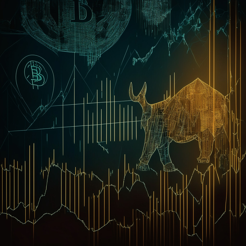 Intricate bearish Bitcoin pattern, pennant or flag chart, dimly lit atmosphere, Cubist style, moody color palette, US debt ceiling crisis looming, uncertainty and volatility, cautious sentiment, potential rate hikes and banking crises, Bitcoin's short-term prospects, price near $26,798, awareness of global economic factors.