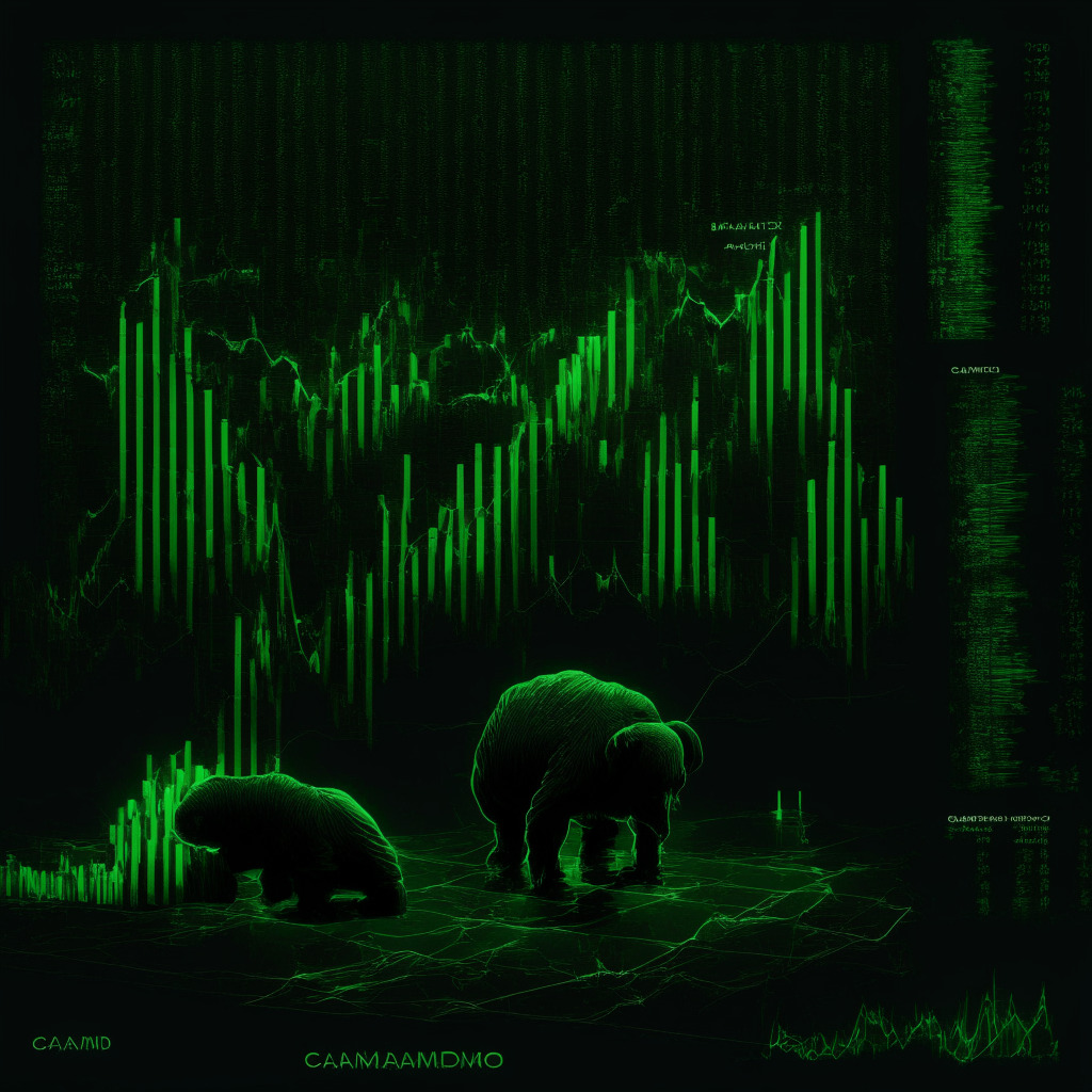 Cryptocurrency market scene, bearish breakdown of Cardano coin, head and shoulder pattern, falling coin, uncertain green Doji candle, short-selling opportunity, resistance levels, Exponential Moving Averages, dark background, dim lighting, ominous ambiance, downtrend chart, artistic style of chiaroscuro, sense of tension and impending decline.