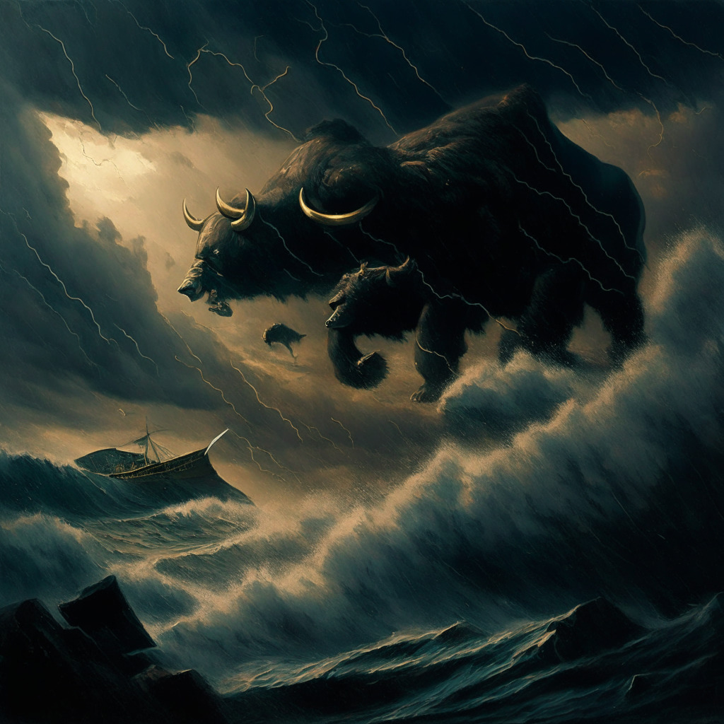 Dark, stormy sky, crashing waves, a bear and a bull engaged in battle on a rocky shore, a descending wedge pattern hanging overhead, uncertainty looms, inflation worries represented by a broken hourglass, shadows of regulatory risks, golden crypto coins caught in the whirlwind, a moody, chiaroscuro-style painting.