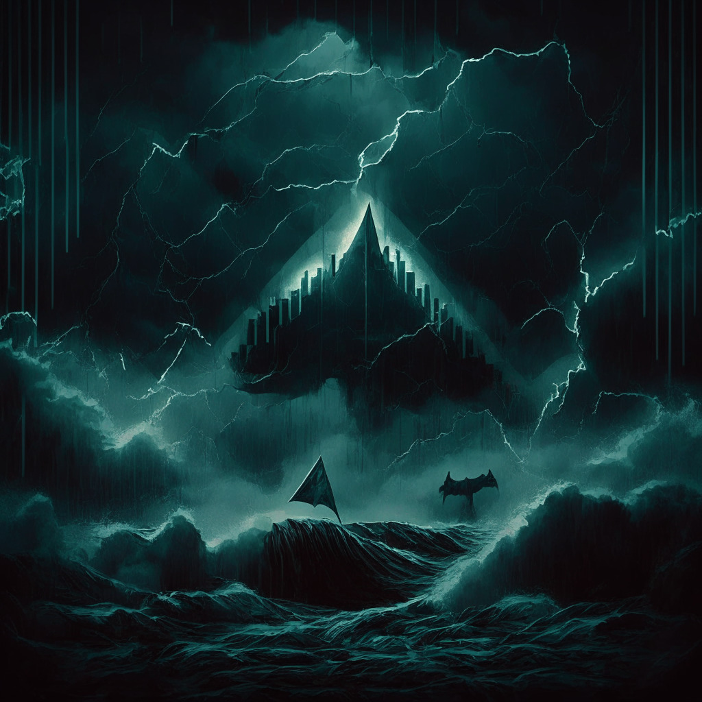 Cryptocurrency market scene, bearish pennant pattern, Filecoin price chart, artistic financial storm style, ominous atmosphere, dimly lit setting, turbulent waves symbolizing market volatility, contrasting downtrend with potential breakthrough, gloomy mood with a glimpse of hope.