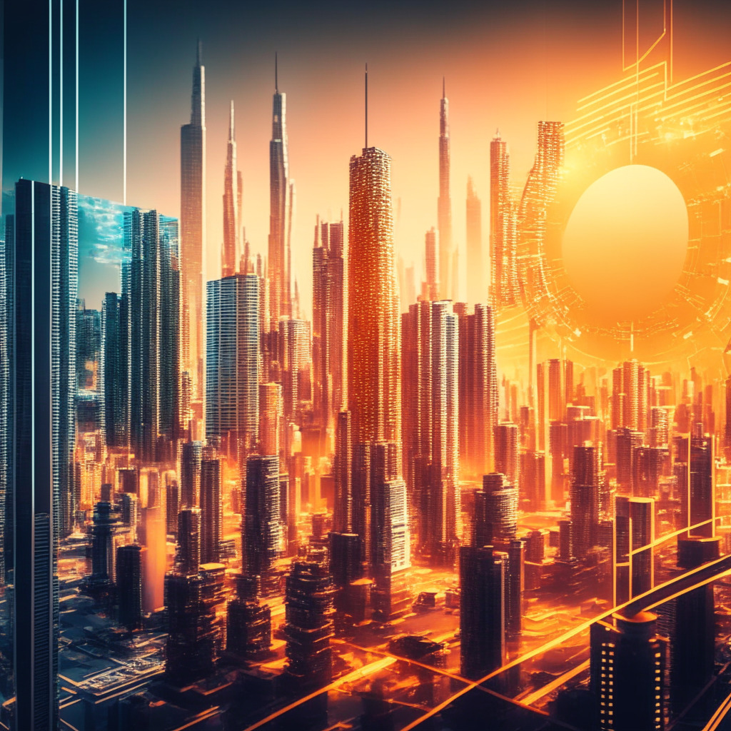Futuristic Beijing skyline with Web 3.0 technologies, AI and blockchain integration, warm golden light illuminating the scene, Art Deco architectural style, busy crypto exchange floor, sense of optimism and innovation, Hong Kong crypto hub blueprint contrasted with US regulatory crackdown, dynamic and competitive atmosphere.