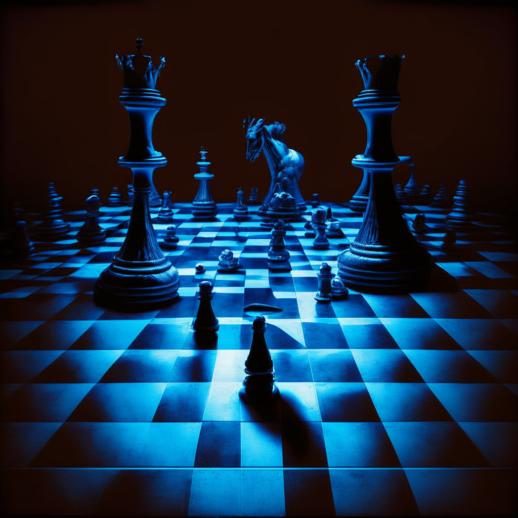 Surreal political chessboard, chiaroscuro lighting, intense negotiation, contrasting colors, anxious mood. Debt ceiling talks between prominent figures, crypto market uncertainty, financial turmoil, anticipation; pivotal moment, awaiting guidance. No brand or logos.