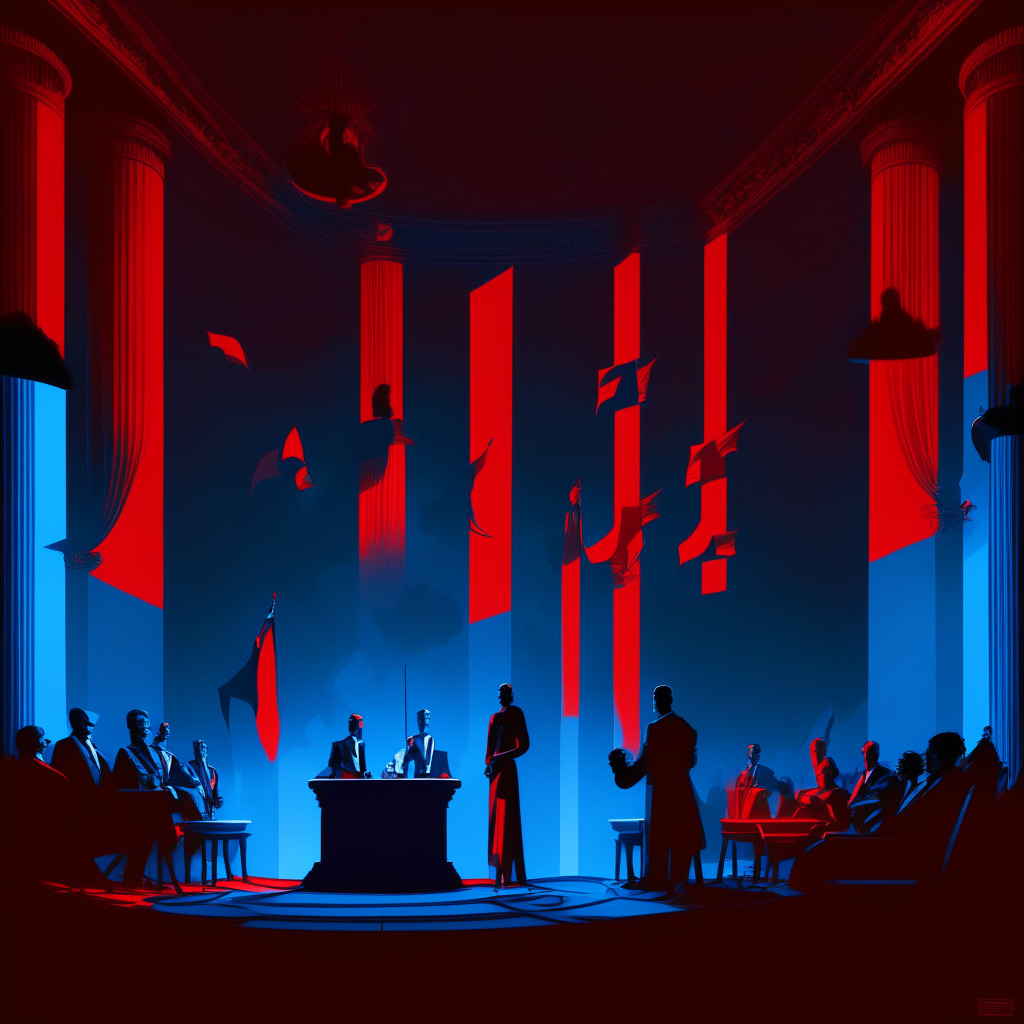 Intricate debate scene, government officials, art deco style, dimly-lit chamber, intense facial expressions, prevalent red and blue hues, 2024 DAME tax bill, opposing parties' stances, backlit waving US flags, future of cryptocurrency, shadows holding balance scale, somber mood.