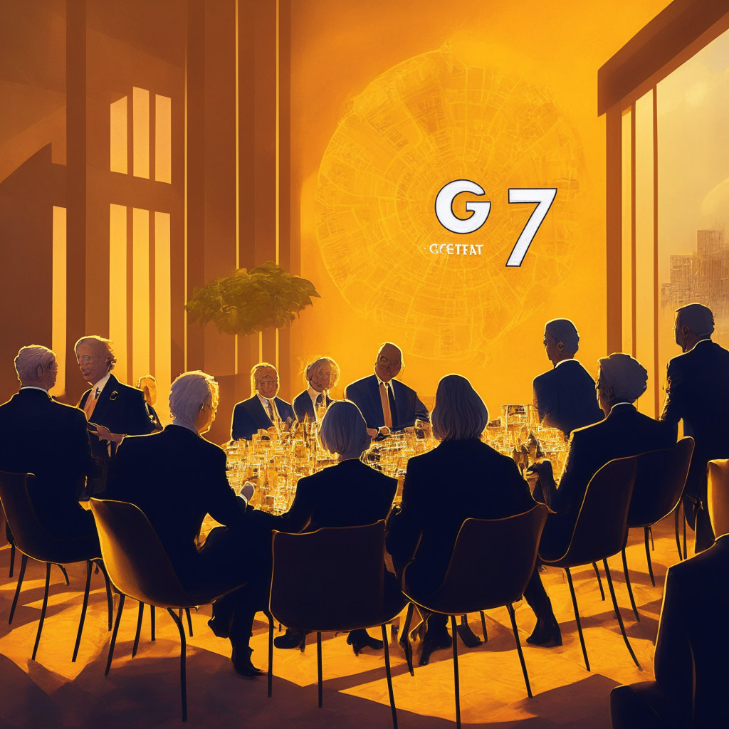 G7 Conference clash on crypto taxation, Biden and Republicans disagreement, high-level multilateral discussions, budget proposal deadlock, strict tax measures for digital assets, tension between traditional investments and crypto, urgent negotiations, financial implications, futuristic cityscape, warm golden lighting, passionate debate atmosphere, juxtaposition of classical and modern art styles.
