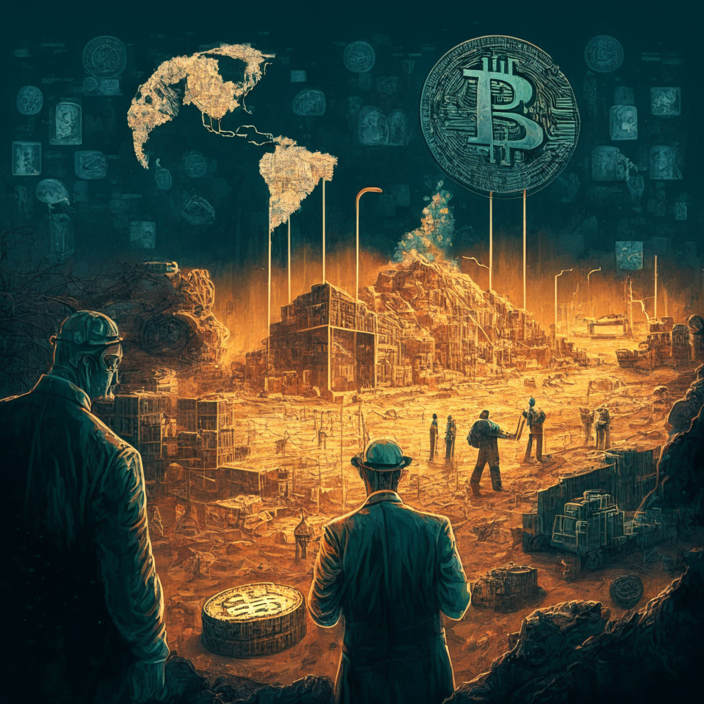Intricate Bitcoin mining scene, realistic art style, low-light setting, prominent Senator figure disapproving tax proposal, multiple miners in background, contrasting warm and cold tones, subtle hints of environmental concerns, serious mood, worldwide map depicting industry evolution.