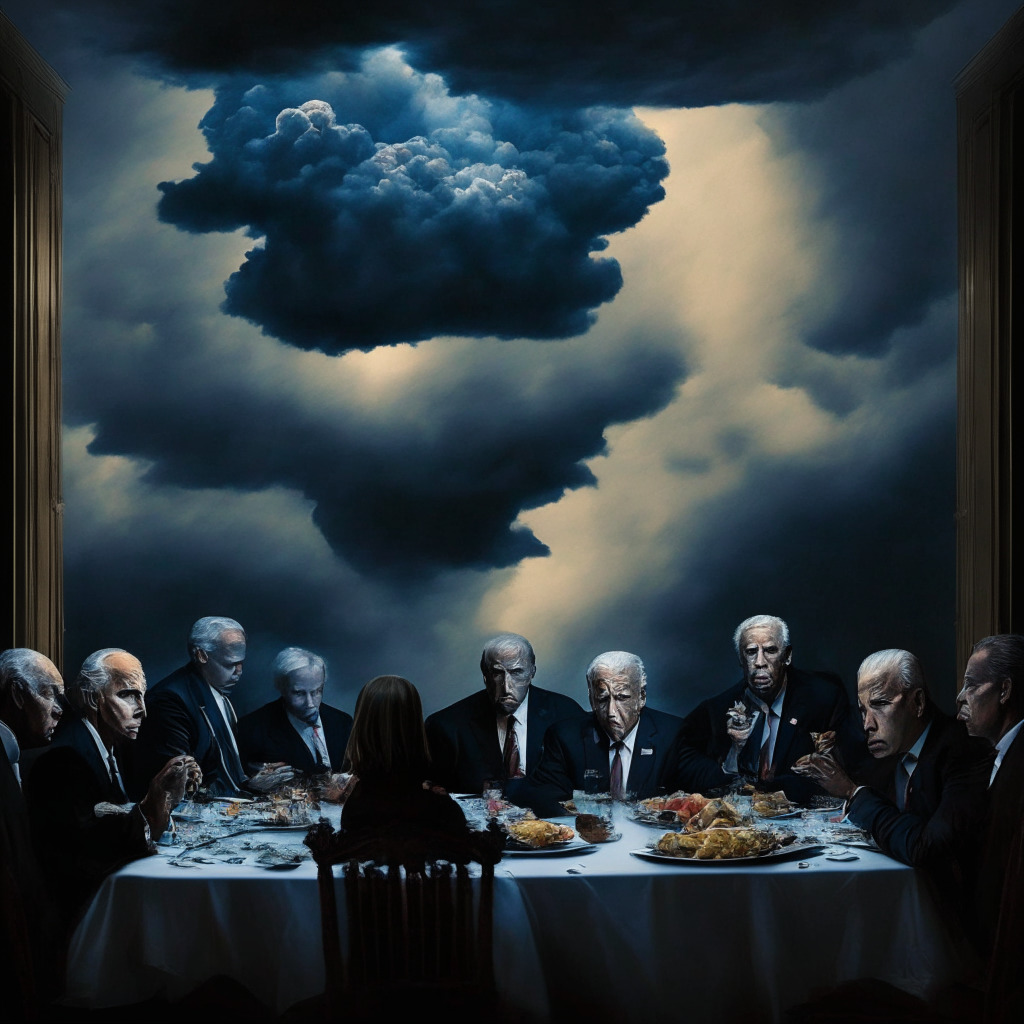 G7 Summit featuring President Joe Biden, intense debate, crypto tax controversy, contrasting opinions, potential US debt default looming, chiaroscuro lighting, Baroque artistic style, moody atmosphere, high contrast colors representing political divide, food assistance vs wealth tax, dark clouds representing uncertainty.
