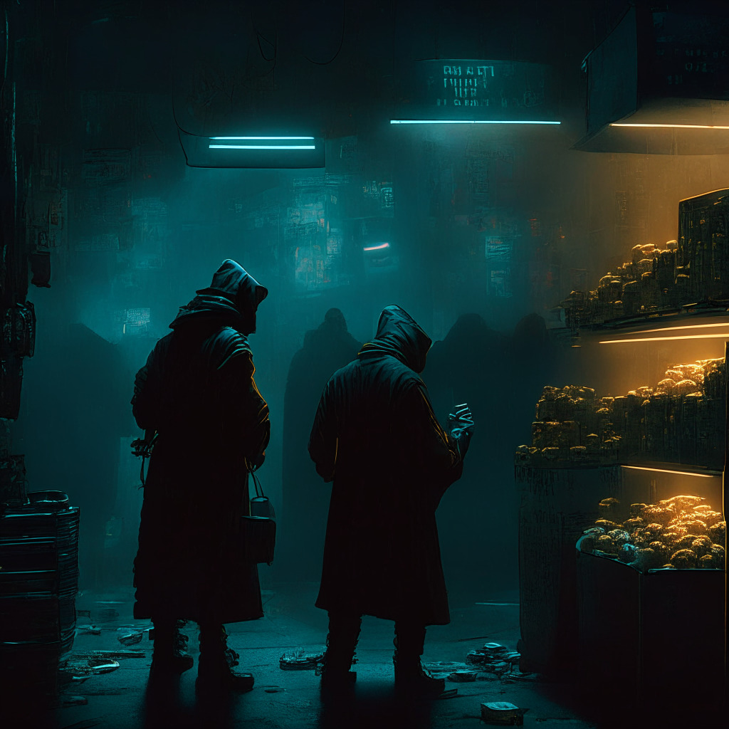 Cinematic heist scene, gritty cyberpunk style, dimly lit, tense mood, hidden treasure, used popcorn tin, anonymous hacker, digital blockchain depiction, shadowy Silk Road marketplace, law enforcement in pursuit, intertwining cryptocurrencies, double-edged sword, cautionary tale, balance of risk & innovation, ongoing debate, call for cooperation & oversight.