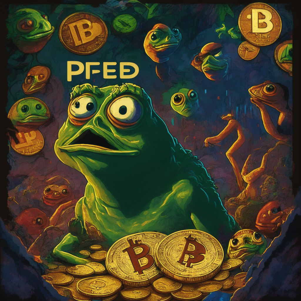 Cryptocurrency satire, PEPE token's dramatic rise, dark undertones, balanced scales, light and shadows, warm colors in a volatile environment, humor and chaos, surrealistic style, whimsical figures and irreverent expressions, duality of support and toxicity, digital world background, playful vs. serious tone, meme-inspired visuals.