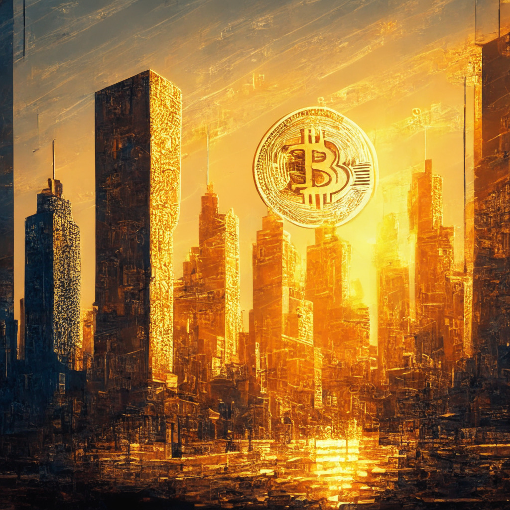 Intricate cityscape with Bitcoin signs, wealthy investor, and mixed emotions, golden and digital currency symbols, impressionist style, warm sunset hues, dynamic contrast, sense of anticipation and uncertainty, economic indicators subtly incorporated, bullish stance amidst challenges.