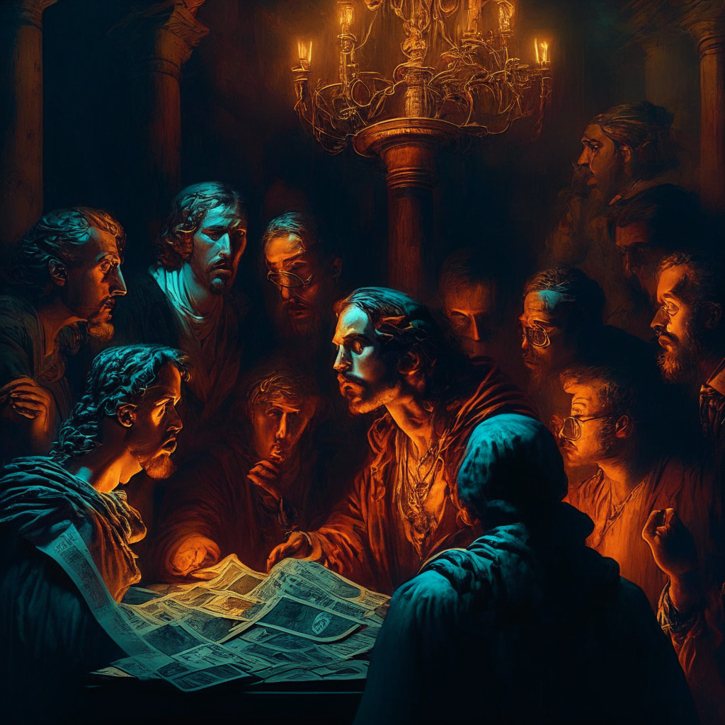 Cryptocurrency exchange controversy, tangled financial records, dramatic allegations, chiaroscuro lighting, intense colors, Baroque art style, tense atmosphere, blend of hope and distrust, community vigilance, uncertain implications.