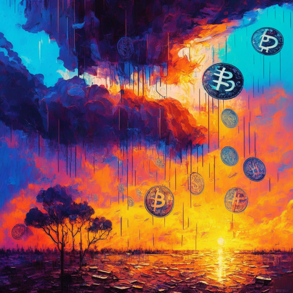 Crypto exchange struggles, Australian branch PayID access loss, alternative provider search, evocative sunset backdrop, overlapping currency symbols in the sky, uneasy calm before storm, vibrant contrasting colors, expressive brushstrokes, intricate financial web, uncertain future, growing tensions.