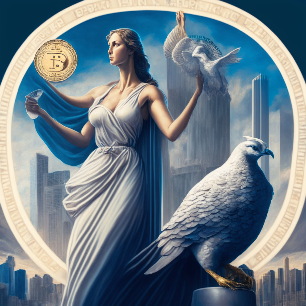 Cryptocurrency tension, secure payment and verification focus, contrast between growth and regulation, austere light setting, neoclassical art style, dramatic mood, woman holding a shield depicting safety with one hand and her other hand releasing a dove symbolizing financial growth, Australian skyline in the background.