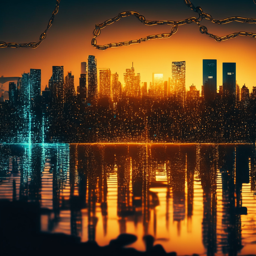 Sunset-lit Australian city skyline, disconnected metallic chains, bitcoin coin at 20% discount, worried and focused traders, high contrast between bright exchange screens and shadowed faces, somber mood, lively arbitrageurs seizing opportunities, hint of hope with emerging USDT solution, underlying regulatory compliance theme.