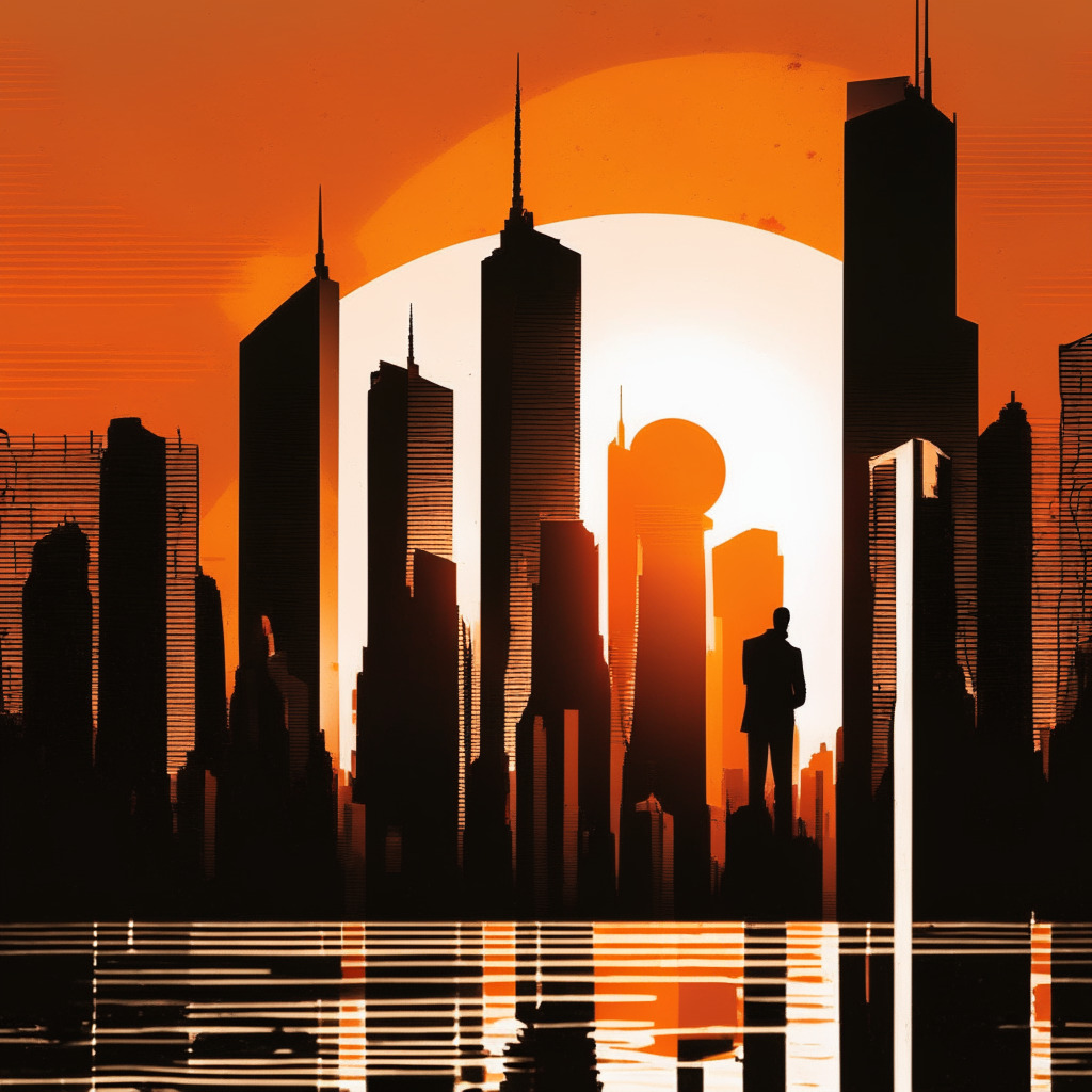 Sunset over financial district skyline, fading Bitcoin symbol, disrupted connections, tense atmosphere, palpable uncertainty, grayscale artistic style, contrasting light & shadows, silhouettes of worried investors, dominant tones of orange, gray, and black, hurried movement, evoking sense of urgency & caution, hint of regulatory watchdogs looming.