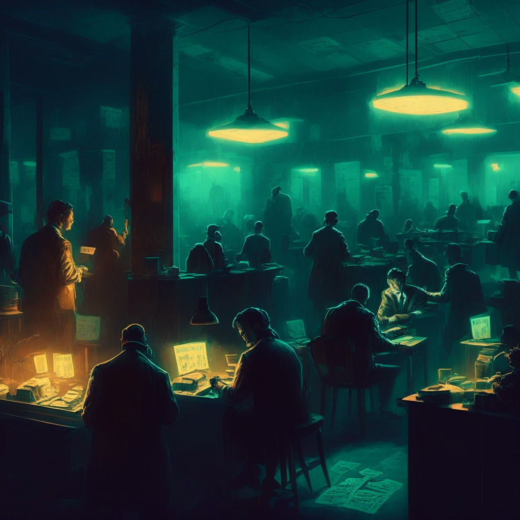 Impressionist-style crypto market scene, dimly lit trading room, various cryptocurrencies surrounded by discounts, impending deadline looming above, a disconnected PayID wire, figures of traders hastily selling, moody atmosphere, hints of financial protection on the side, soft alternative deposit options glow.