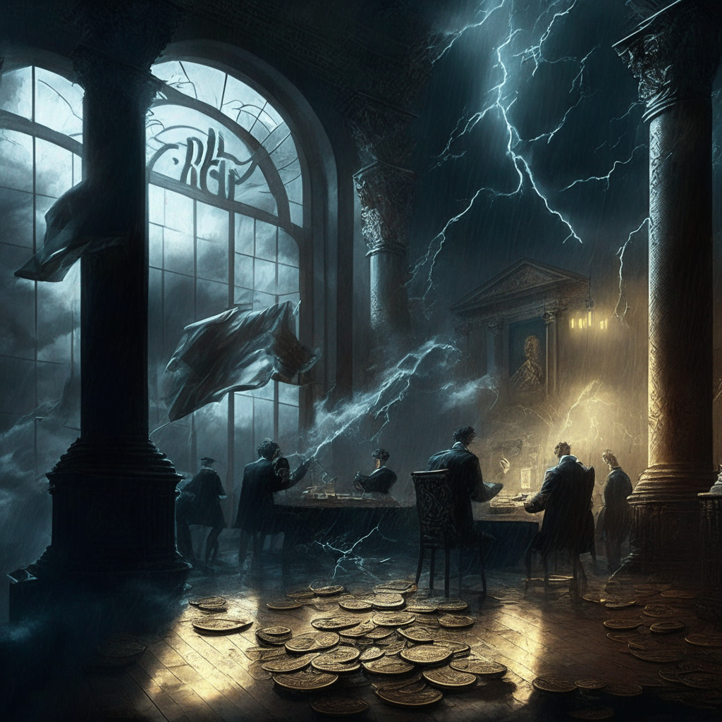 Cryptocurrency exchange removing AUD pairs, increased regulatory scrutiny, light shadowplay, Baroque-inspired setting, uneasy atmosphere, officials investigating in background, users trading diligently, mix of traditional and modern elements, stormy weather to signify brewing tension.