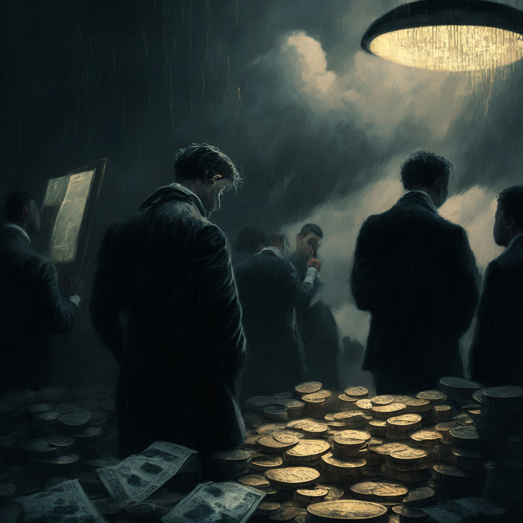Cryptocurrency exchange scene, Bitcoin withdrawals suspended, dark-toned cloudy atmosphere, dramatic chiaroscuro lighting, a worried trader, large stacked coins teetering, bearish momentum in the market, hint of a mysterious glow, tense emotion, impressionist style, $28,162 price-tag, 485,000 transactions swirling with anticipation.