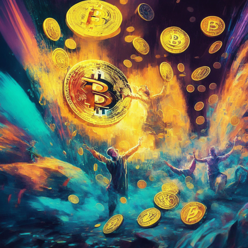 Cryptocurrency exchange excitement, vibrant memecoins, luminescent digital marketplace, PEPE and FLOKI coins shimmering, dynamic brushstrokes, flourishing investment scene, warm hues of growth, flickers of market volatility, bursts of user enthusiasm, mysterious shadows of unpredictability, radiant anticipation for future functionalities.