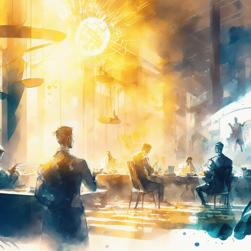 Futuristic crypto exchange scene, Lightning Network integration, a dynamic mining pool, diverse global regulations, warm afternoon light, watercolor style, contrasts between apprehension and opportunity, thoughtful mood, a blend of traditional and digital finance.