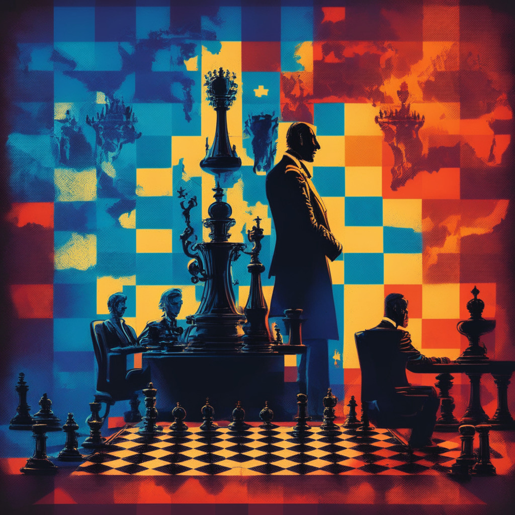 Intricate corporate chessboard, CEO contemplating stake sale, legal battle looming, a blend of Baroque and modern artistic styles, ominous yet dynamic lighting, intense facial expressions and postures, uncertain mood, silhouettes of crypto symbols, contrasting colorful elements, EU and US flags in the background, shadowy courtroom with gavel.