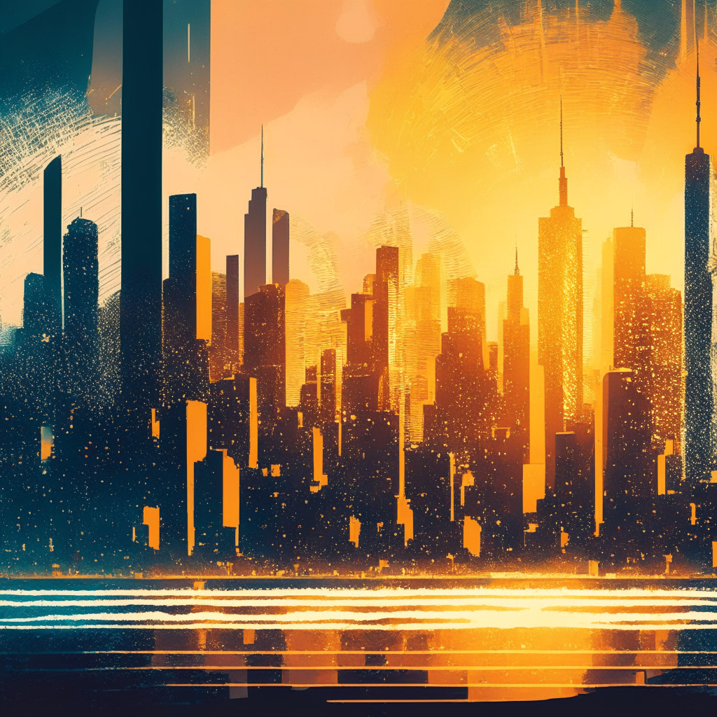 Intertwined banks, crypto exchange, and investors, dusk city skyline, impressionist style, tranquil yet dynamic mood, contrast of warm and cool tones – Binance discussing novel collateral framework, debates on security, flexibility, and regulations, cautious optimism in the cryptocurrency space.