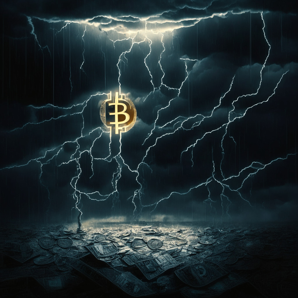 Cryptocurrency storm, controversial exchange, vast funds commingling, stablecoin market turmoil, artistic chiaroscuro lighting, tension and uncertainty mood, regulators' shadows looming, investors seeking transparency, integrity on the line, digital currency landscape challenges.