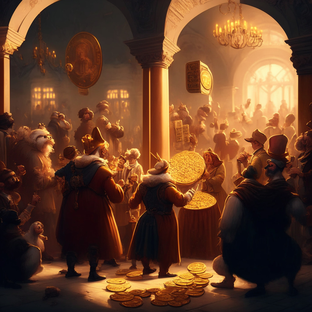 A bustling crypto market scene, whimsical meme coin characters playfully trading, baroque style, warm, golden light, subtle chiaroscuro, tokens against BTC & USDT, mood of convenience & caution, Binance Convert in action, no fees, high volatility warning, diverse user portfolio.