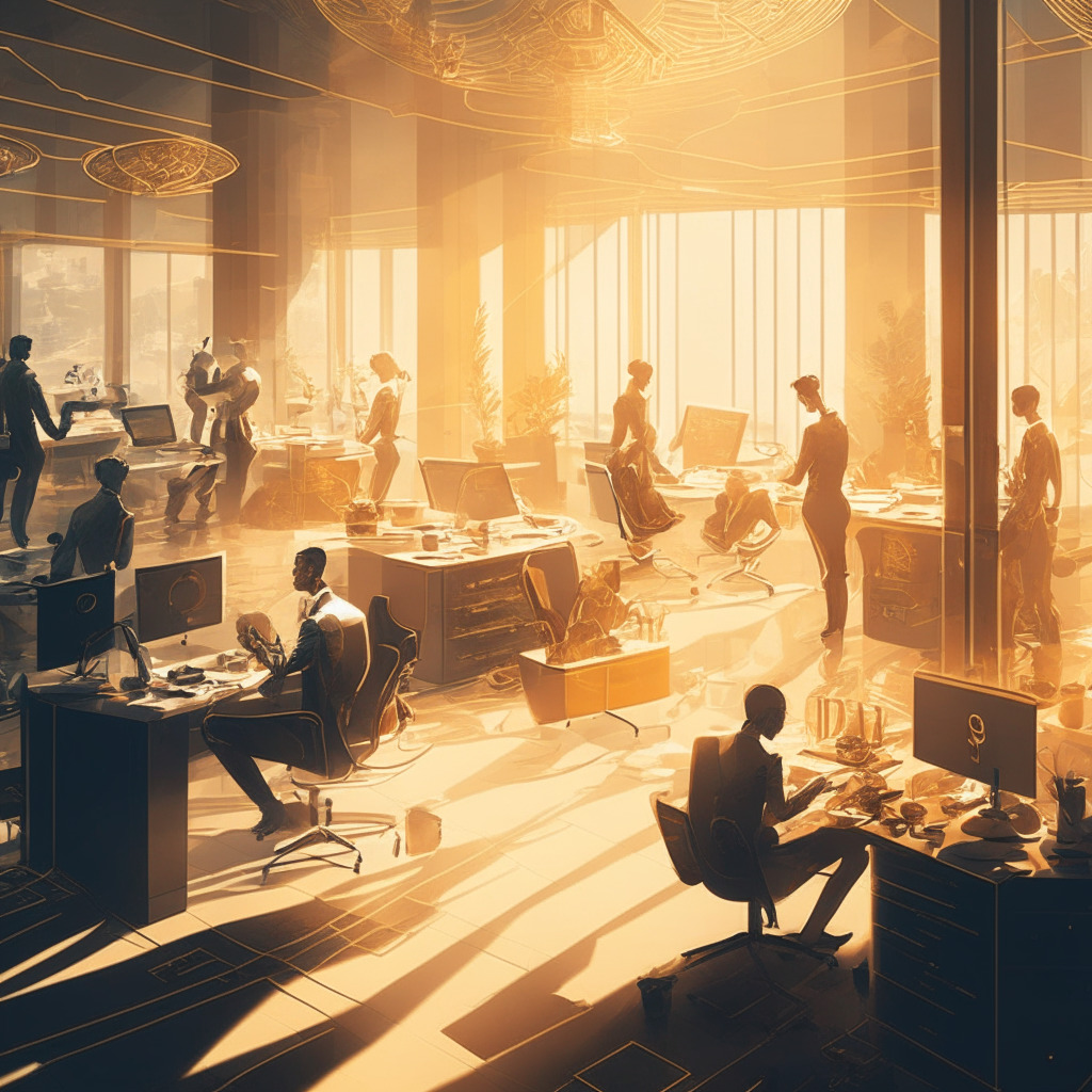 Intricate tech office scene, diverse workforce collaborating, soft golden lighting, mix of classical and futuristic art styles, focused mood, growing company balancing regulatory challenges, hints of cryptocurrency symbols, no brands. Adaptability and compliance in focus.