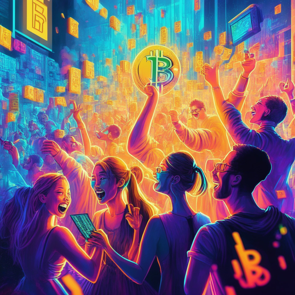 Cryptocurrency exchange adding Bitcoin NFT support, bright virtual marketplace, diverse digital art pieces, warm ambient lighting, futuristic neon cityscape, NFT users rejoicing, celebrating inclusivity, cautious enthusiasm, vibrant colours, cubist-style rendering, palpable energy, dynamic composition, contrast between optimism and skepticism.
