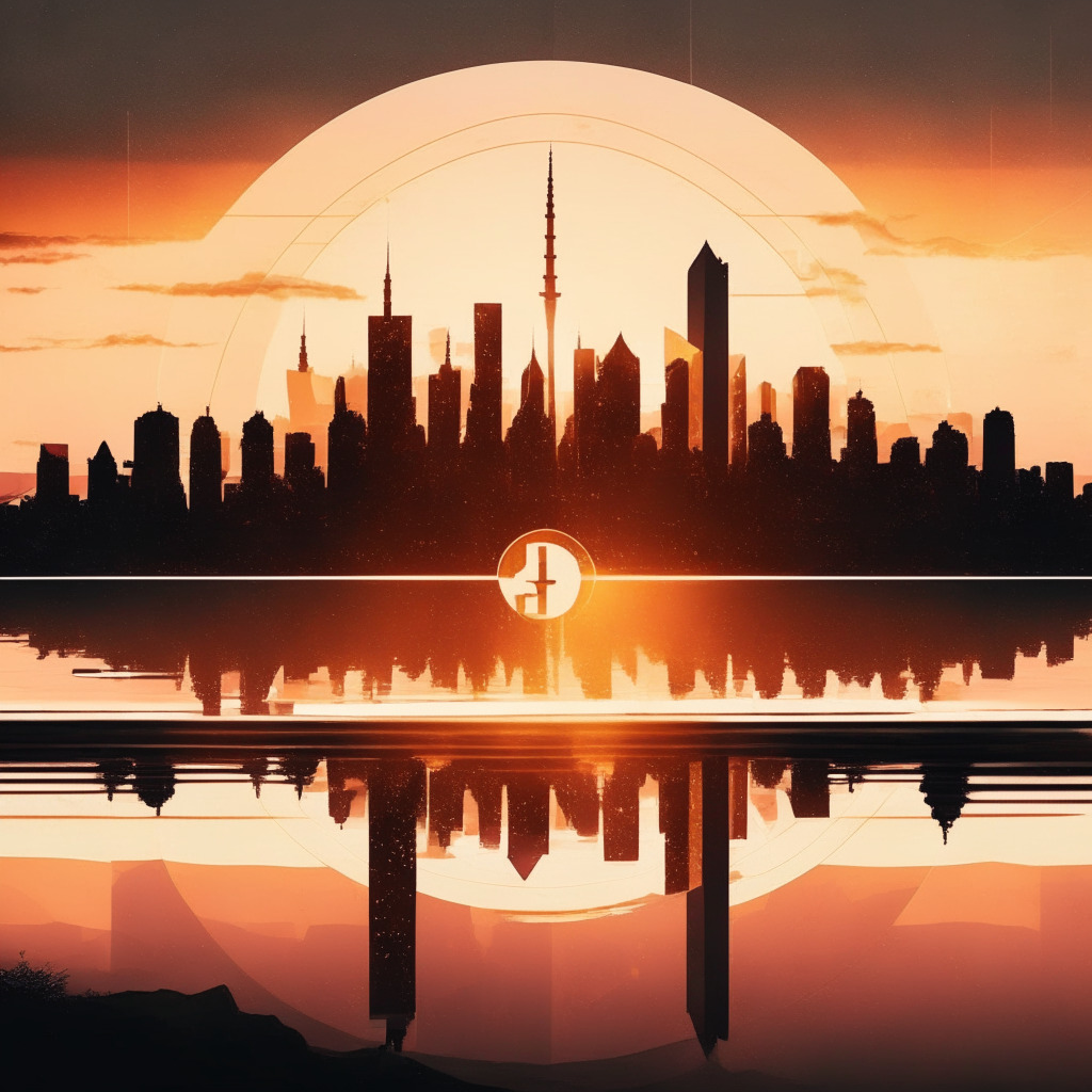 Crypto industry balancing act, sunset over Canadian city skyline, Binance symbol fading away, contrast of stability and uncertainty, subtle abstract elements, tension between regulation & innovation, cool neutral tones, mood of reflection and adaptability. (347 characters)