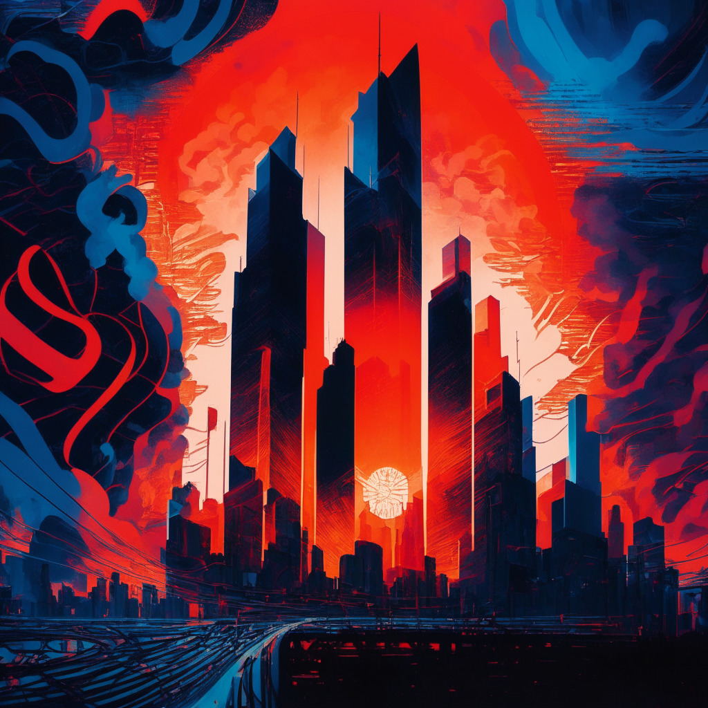 Sunset over an intricate cityscape, crisply detailed, reflecting uncertainty, hues of blue and red, curling smoke shapes form a blockchain, currency coins wavering, an invisible forcefield signaling regulations, two giants facing distinct paths, abstract expressionistic style, chiaroscuro light portrays tension between innovation and governance.