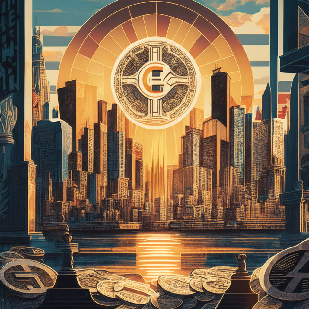 Cryptocurrency exchange leaves Canadian market, intricately-balanced scale with fiat money and crypto, sunset cityscape representing industry growth, bold and detailed Art Deco style, warm glow implying regulations, the mood of caution and hope, 350 characters=Regulations, innovation coexist on balanced scale amidst warm cityscape, delicate balance between protection and growth, Art Deco detail embodies hope in evolving regulatory landscape.