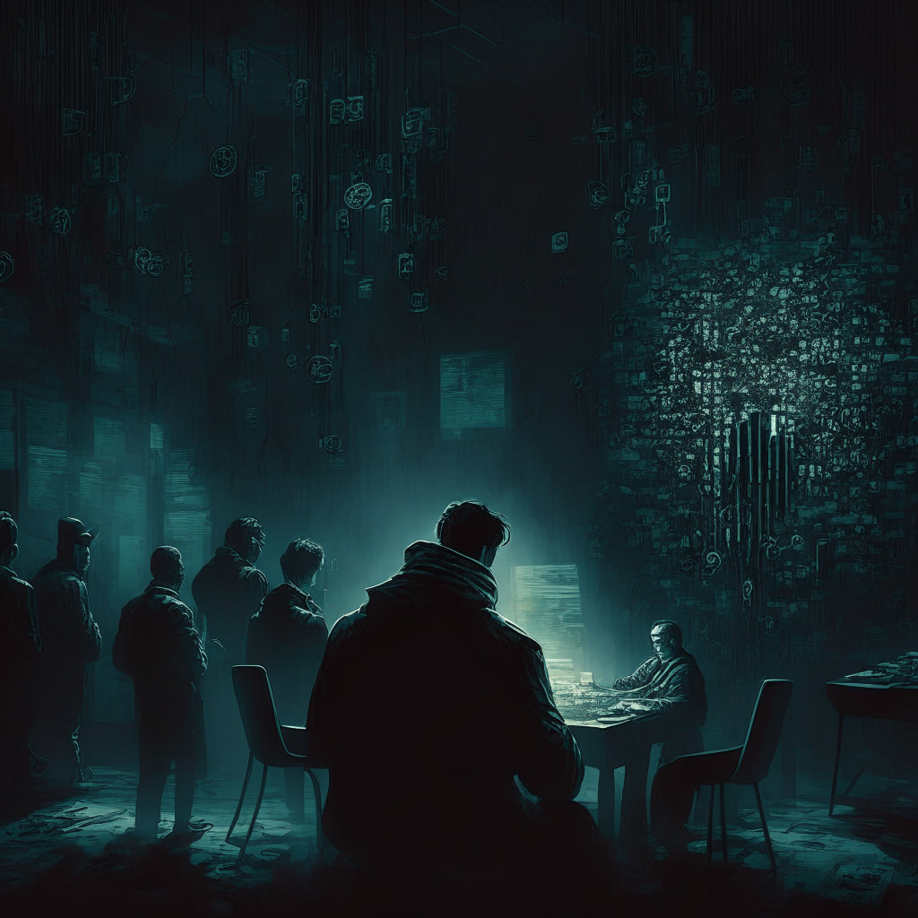 Intricate blockchain scene, various cryptocurrencies interacting, dimly-lit setting, hints of tension, suspenseful atmosphere, central focus on halted trading activity, cyber attack underway in shadows, subtle artistic contrast between security and vulnerability, mood of anticipation and concern.