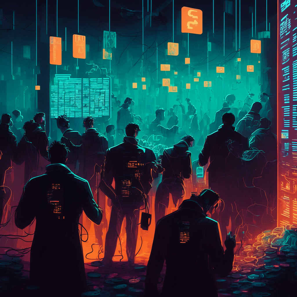 Cryptocurrency exchange chaos, halted BTC withdrawals, crowded network, increasing gas fees, stress, contrasting lights, pixelated NFTs, shadowy Taproot transactions, colorful Ordinals, futuristic cyberpunk ambiance, moody image, sense of urgency, tech innovation in the background, blockchain intertwined, informed investor silhouette.