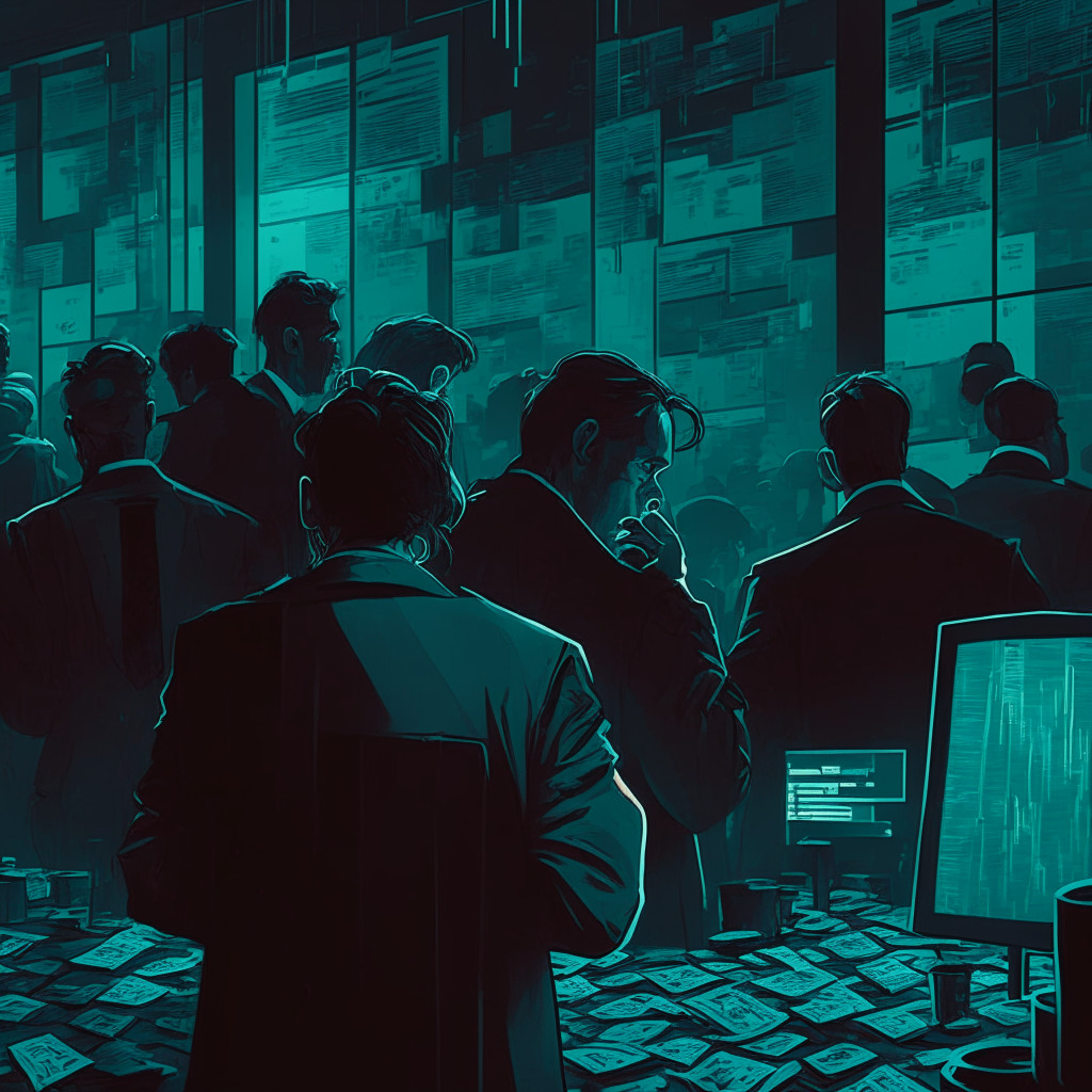 Crypto exchange chaos, Bitcoin withdrawals halted, uncertain mood, dimly lit room with concerned investors, contrasting relief and skepticism on faces, volatile market depiction, hint of cyberpunk aesthetic, dominant cool-toned color palette, cautionary undertone, focus on vigilance and informed decisions.