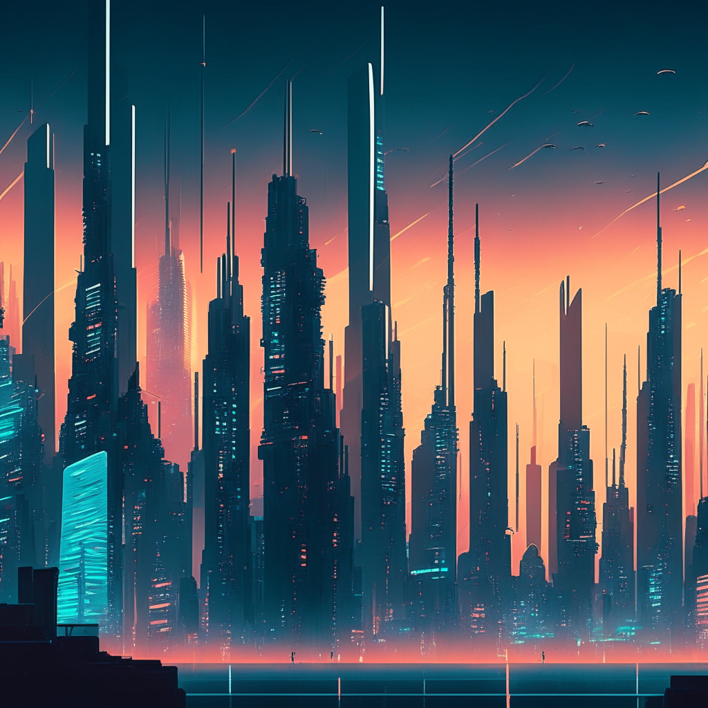 Futuristic cityscape with crypto exchange skyscrapers, eerie glow, intricate blockchain patterns, transactions bottlenecked at congested bridges, fee numbers soaring high, tension in the atmosphere, grayscale color palette showcasing concerns, glimpse of innovative solutions brightening the horizon, delicate balance of skepticism and optimism.