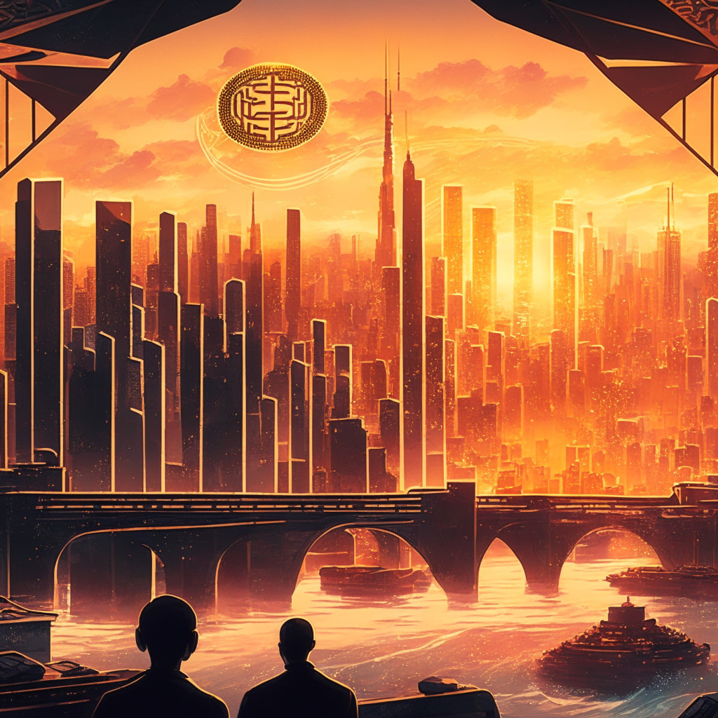 Intricate cityscape with futuristic blockchain elements, stablecoin bridge, warm sunset lighting, dynamic crypto market fluctuations, hopeful yet cautious atmosphere, Binance representative discussing economic freedom, traditional Japanese elements in background.